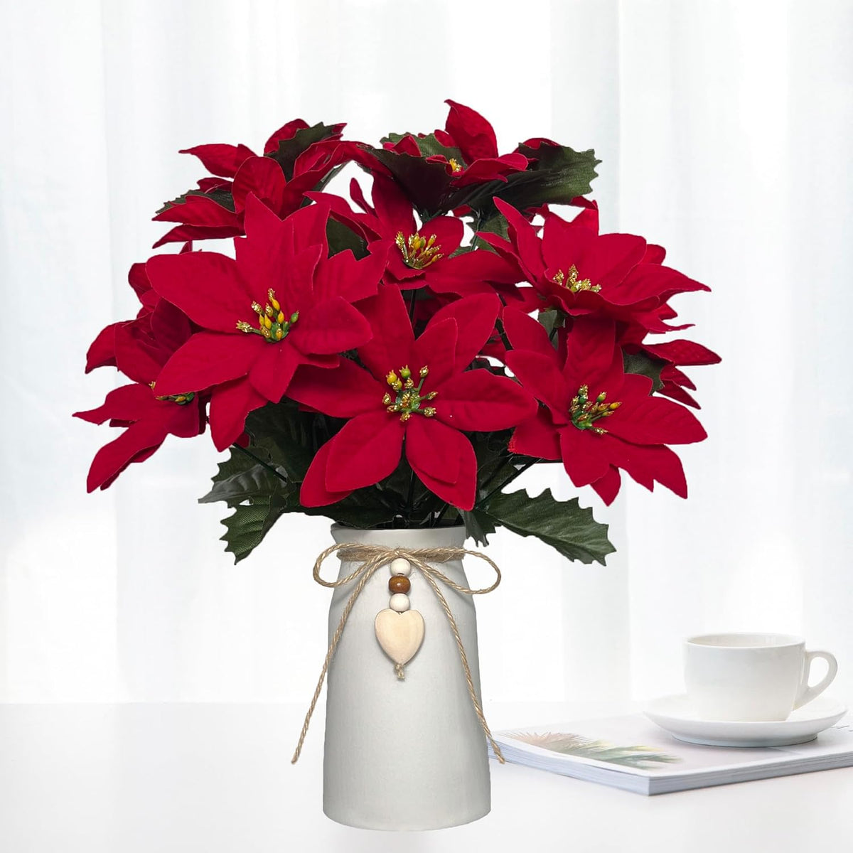 Artificial Red Poinsettia Christmas Flower Arrangement In Decorative White Vase, Holiday Floral Centerpiece With Heart Accent, Perfect Christmas Décor For Home, Office, Or Gifts