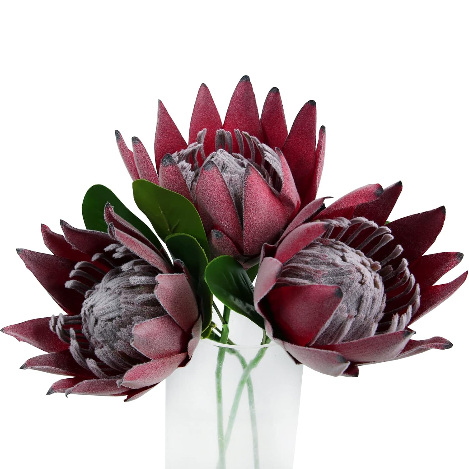 Artificial Protea Cynaroides For Flower Arrangements, Faux Silk Bouquet For Table Decoration Centerpieces, Wedding (3 Pieces, Red)