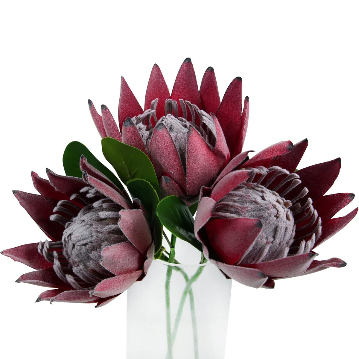 Artificial Protea Cynaroides For Flower Arrangements, Faux Silk Bouquet For Table Decoration Centerpieces, Wedding (3 Pieces, Red)