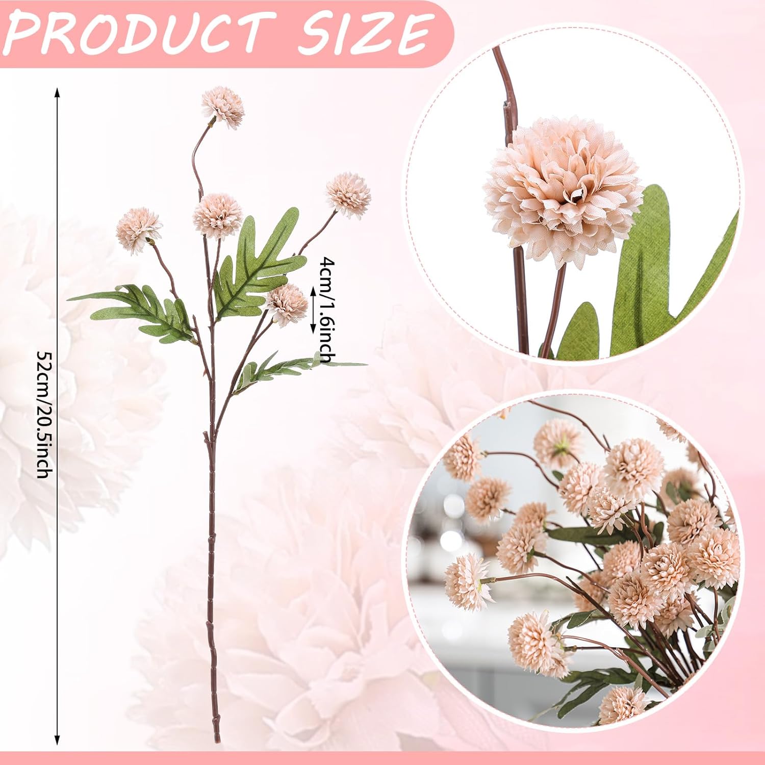 6 Pcs Artificial Pompon Mums Light Pink Faux Silk Mini Chrysanth Fake Flower Small Chrysanthemum Ball With Stem For Diy Bouquet Centerpieces Floral Arrangement Wedding Fillers Shower Decoration