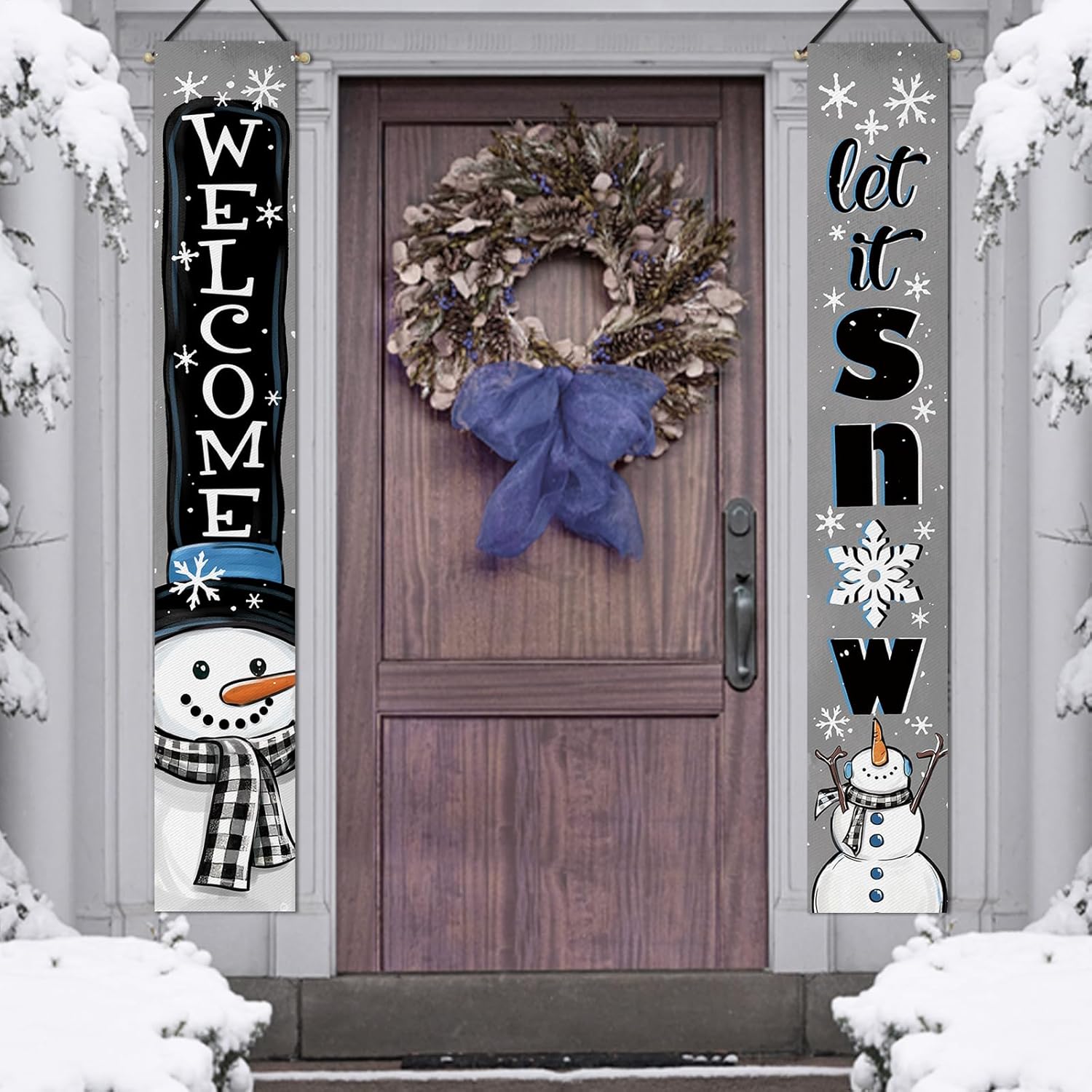 Welcome Winter Snowman Gray Porch Banner Sign, Let It Snow Snowflake Buffalo Plaid Check Door Decorative Hanging Banner Flag, Christmas Holiday Seasonal Decoration Home Outdoor Decor