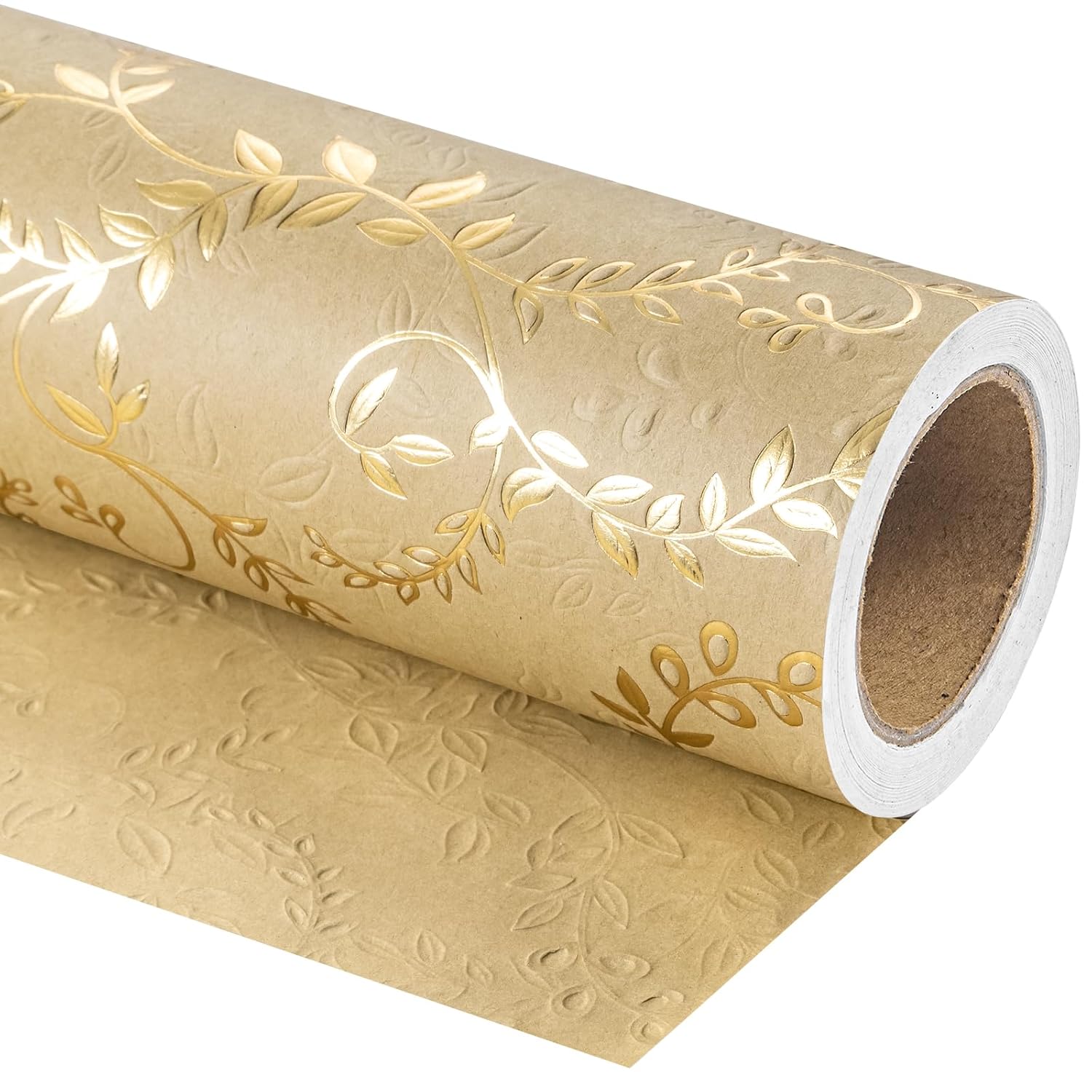 3D Kraft Wrapping Paper Roll - Mini Roll - 17 Inch X 16.5 Feet - Gold And Brown Leaves Design With Embossed Perfect For Birthday, Holiday, Wedding, Baby Shower