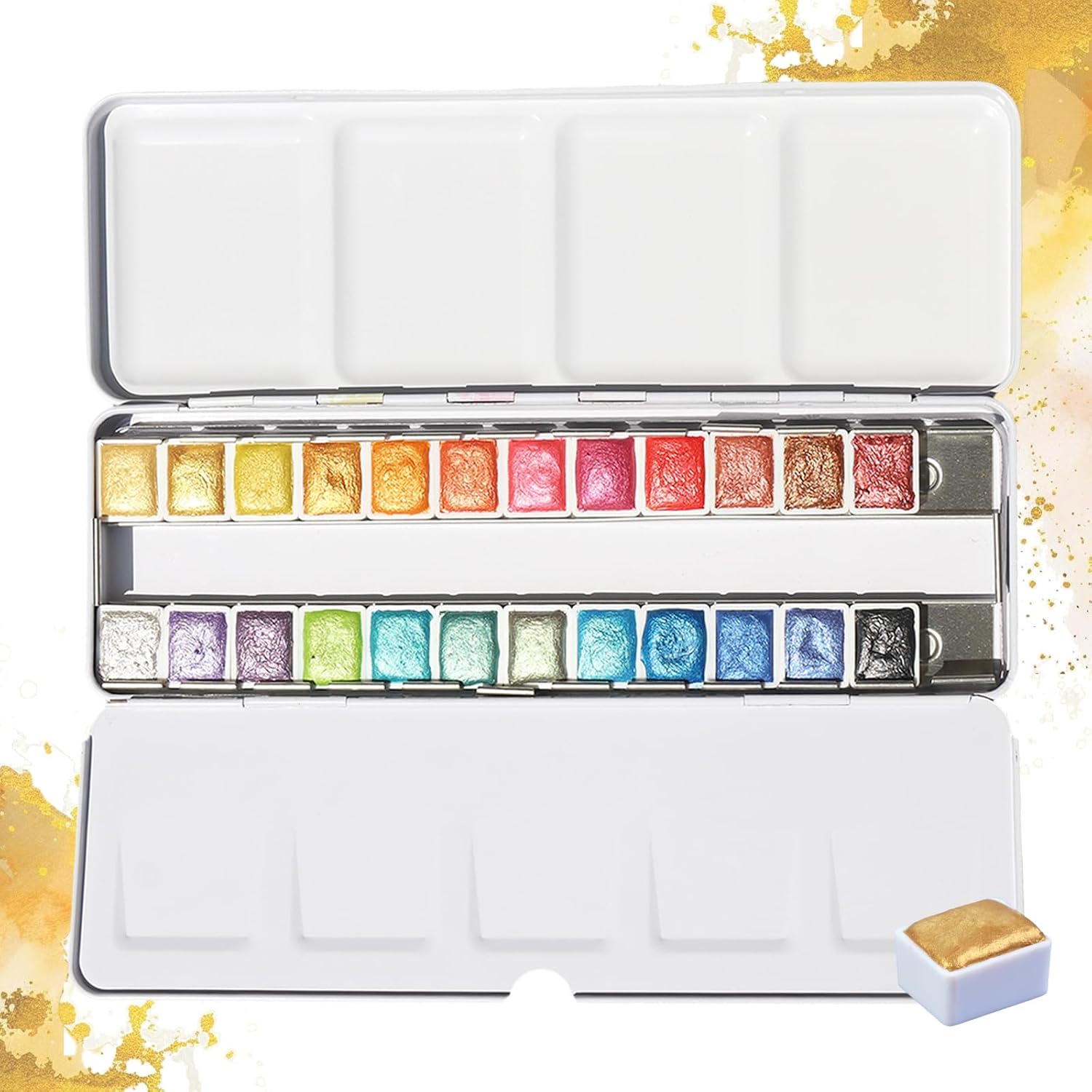 Metallic Watercolor Paint Set For Adult Artists, 24 Glitter Solid Water Color Paint 2Ml Handmade Half Pans Metal Case Sparkle Pearlescent Watercolour Painting Art Supplies