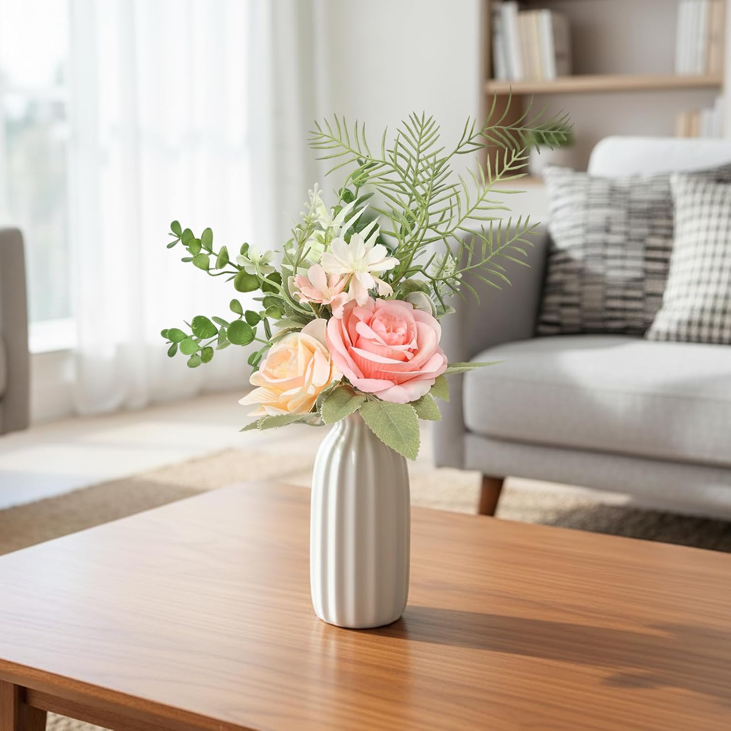Faux Flowers With Vase - Rose Artificial Flowers In Vase For Coffee Table Centerpiece Entryway Decoration, Rustic Floral Arrangement For Living Room Kitchen Farmhouse Home Decor