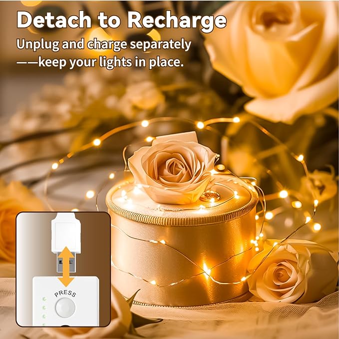 16FT Rechargeable Fairy Lights 50 LED Warm White 8 Modes Battery Operated String Lights
