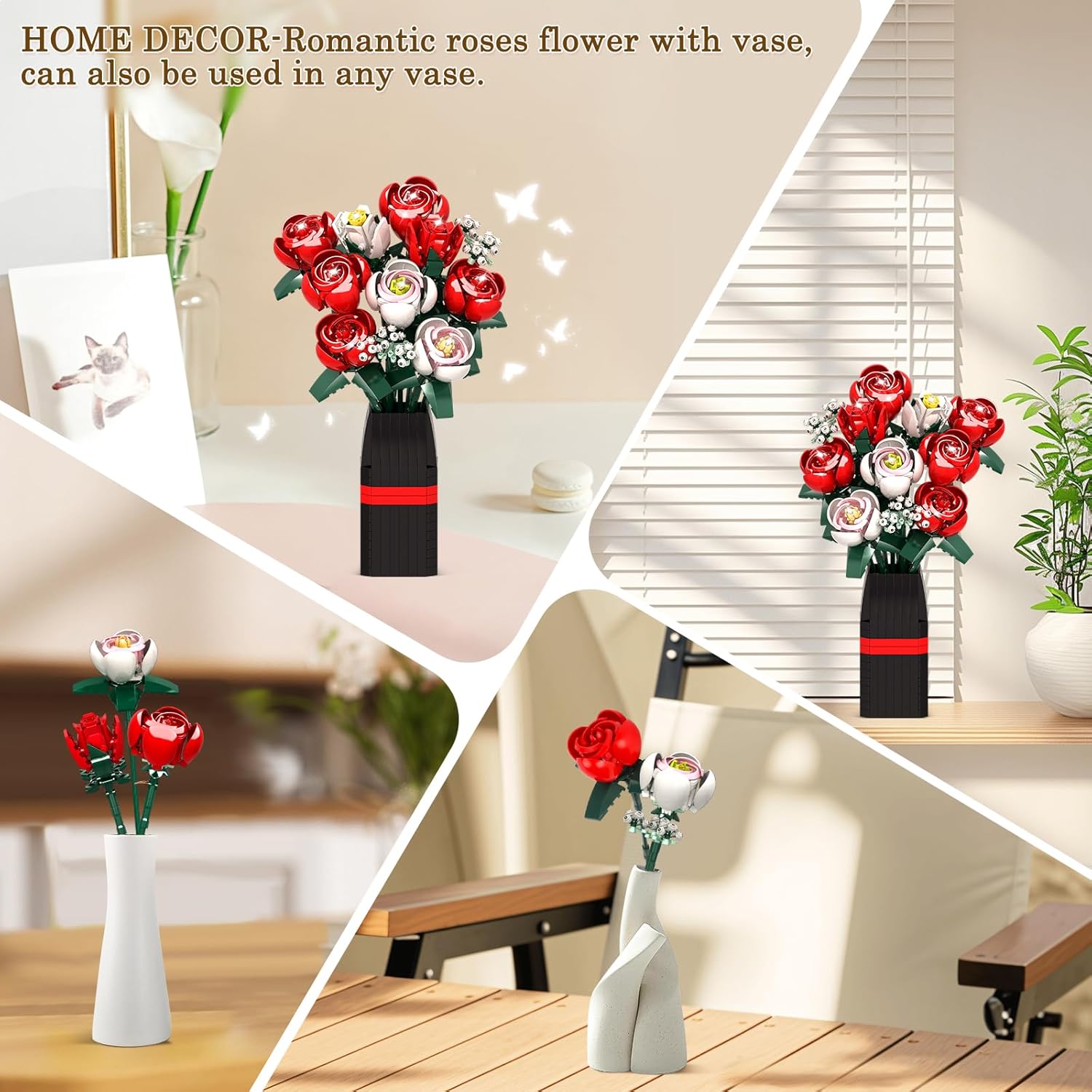 Roses Flowers Bouquet Building Set For Adults With Vase, Red Rose Artificial Flower Botanical Collection Plant Toy Kit, For Her Women Wife Mom, Home Decor(841Pcs)