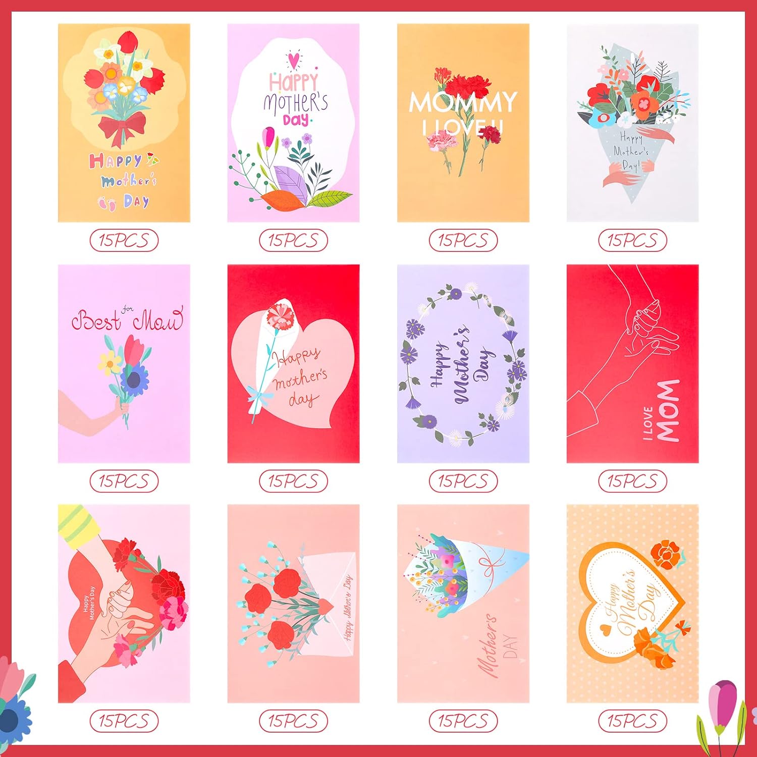180 Pack Mother'S Day Card Assortment With 180 Envelopes And 180 Cute Stickers Floral Mother'S Day Greeting Cards Blank Inside For Birthday Supplies, 4 X 6 Inch, 12Designs