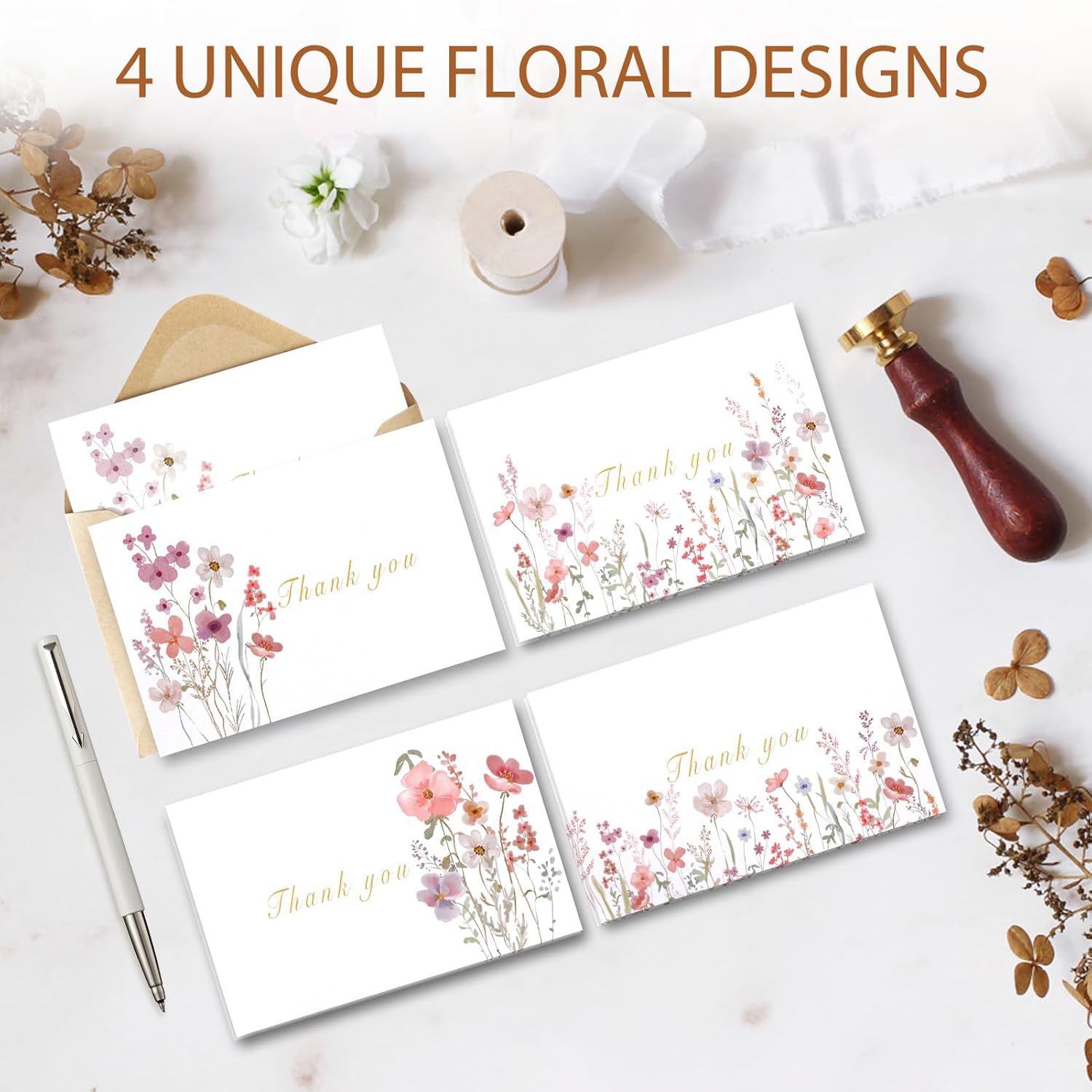 Thank You Cards With Envelopes & Stickers – 20-Pack Watercolor Floral Blank Note Cards, 4" X 6", Heavy 300Gsm Cardstock For Weddings, Baby Showers & Business