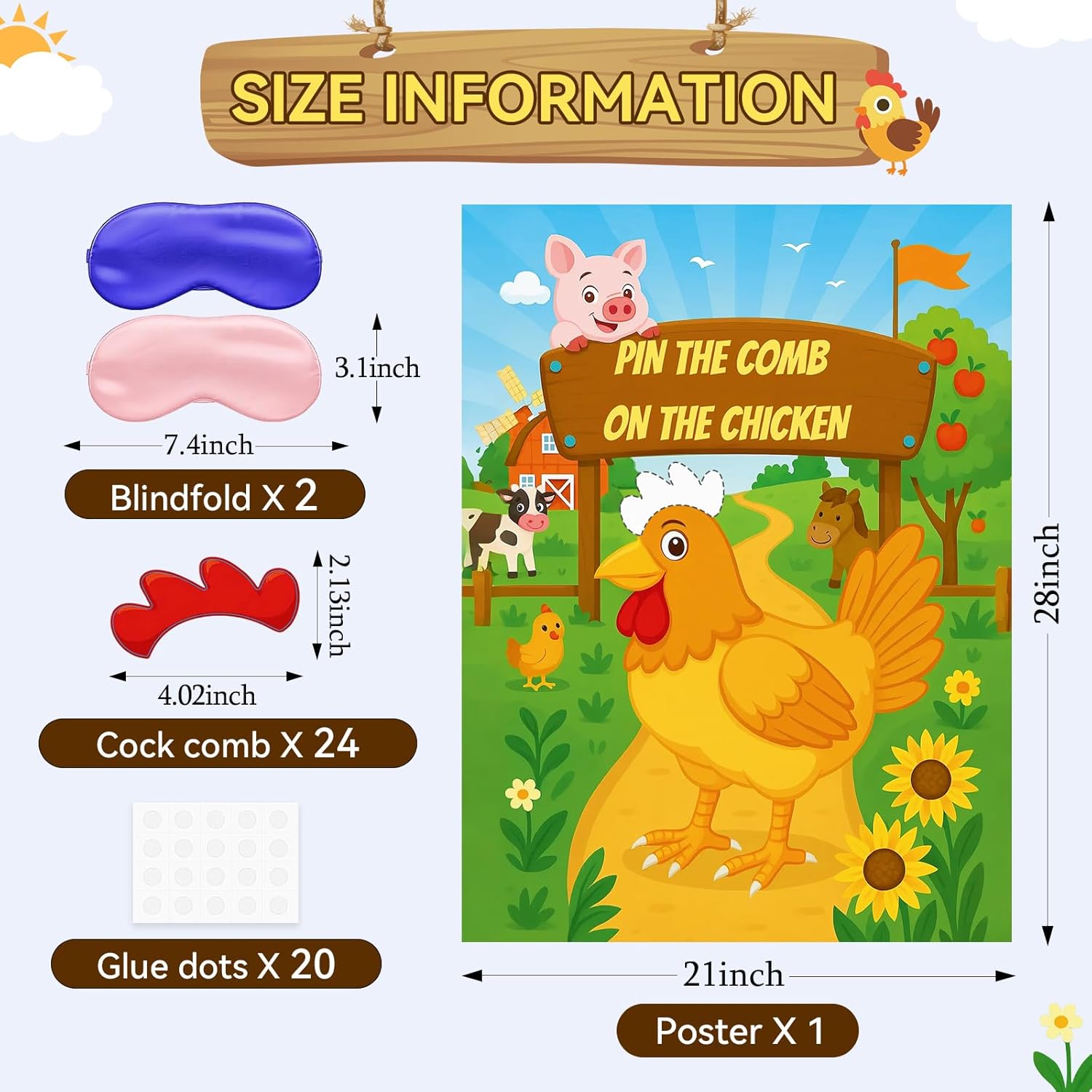 Farm Animal Party Games - Pin The Comb On The Rooster Poster With 24 Stickers & 2 Blindfolds - Rooster Crown Game Set For Barnyard Parties, Adult Group Activities & Farm Theme Decor