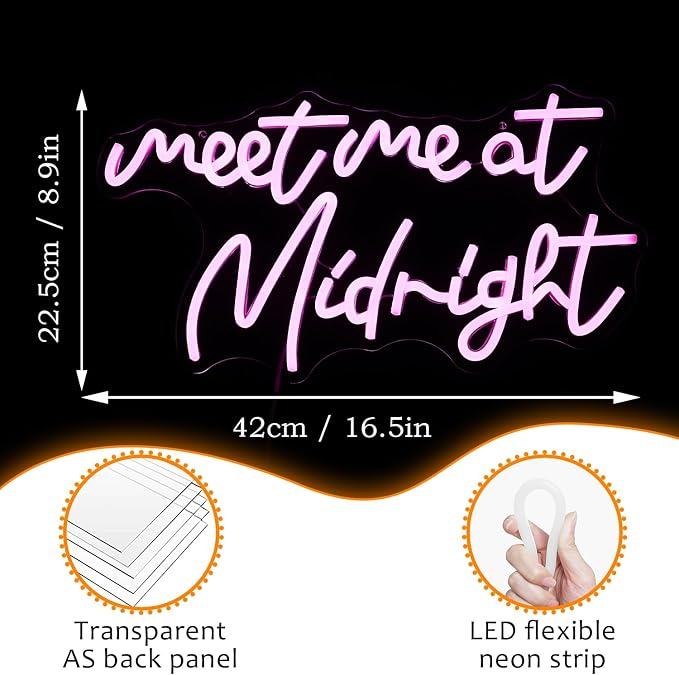 Meet Me At Midnight Neon Sign Pink LED Wall Light Dimmable USB Powered Bedroom Party Bar Decor 16.5 x 8.7 Inch