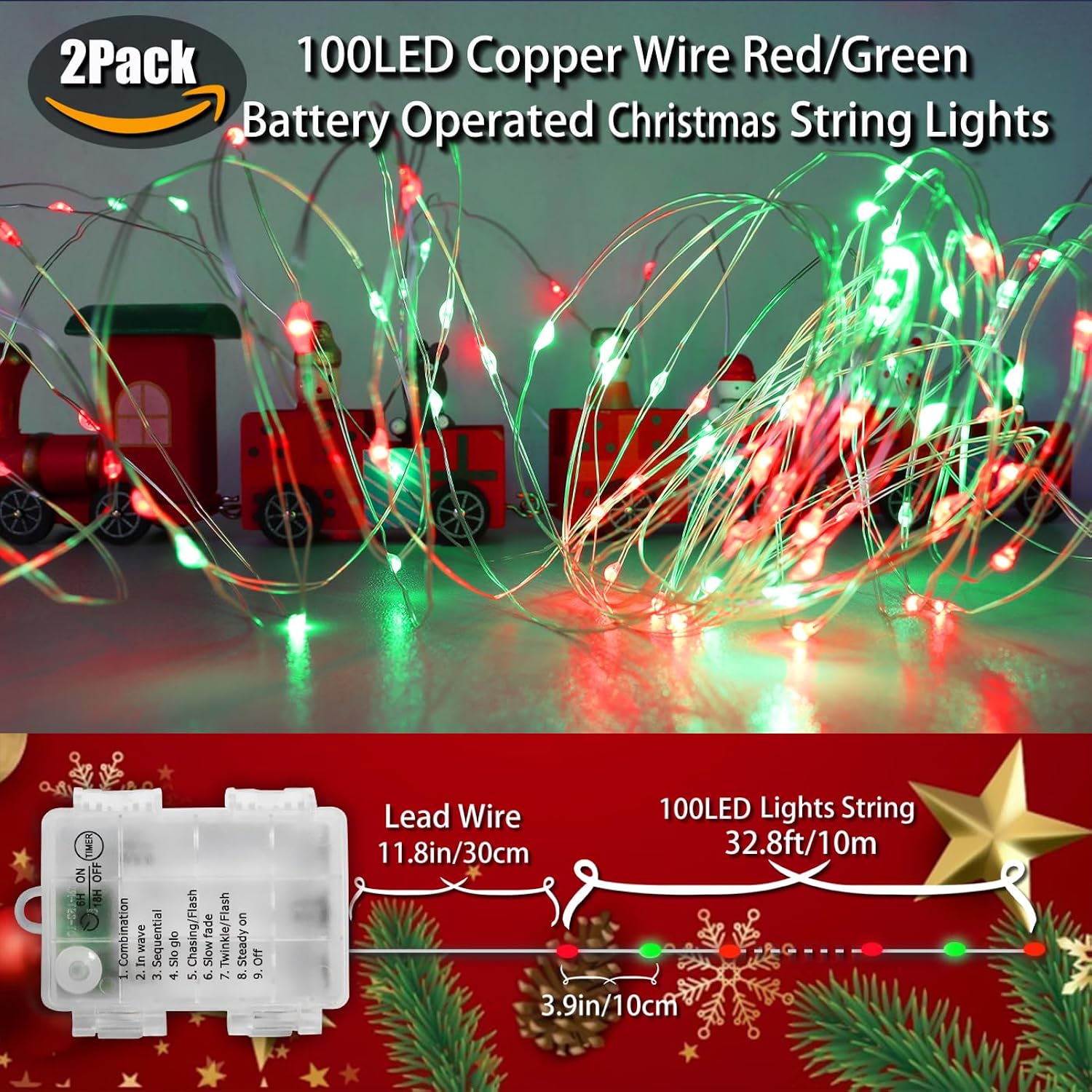 Battery Operated Christmas Lights - Indoor Red & Green Mini Fairy Lights, Timer, 2Pack Total 200Led, 65.6Ft Copper Wire,