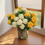 Crochet Red Roses Artificial Flowers Bouquet With Knitted Flower Vase Mothers Day Valentines Gifts Office Desk Decor Yellow