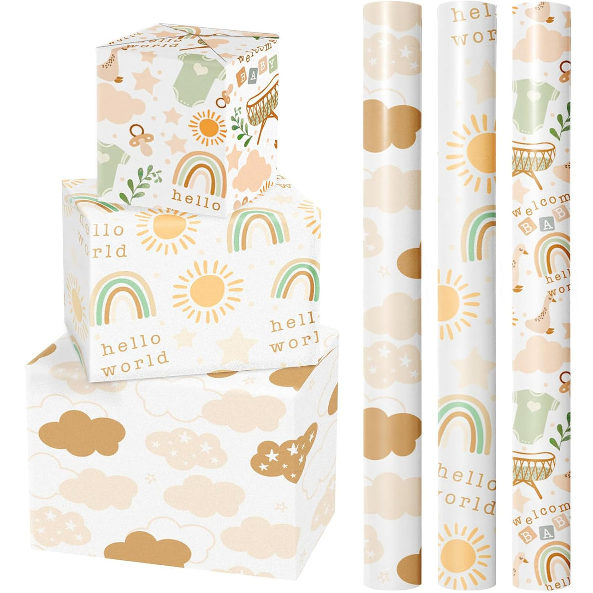 Baby Shower Wrapping Paper Roll, Baby Suit Rainbow Sun Sweet Clouds In Khaki, For Baby Boys Girls, 1St Birthday, Newborn Party, Mini Roll With Cut Lines, 17 X 120 Inches, 3 Rolls