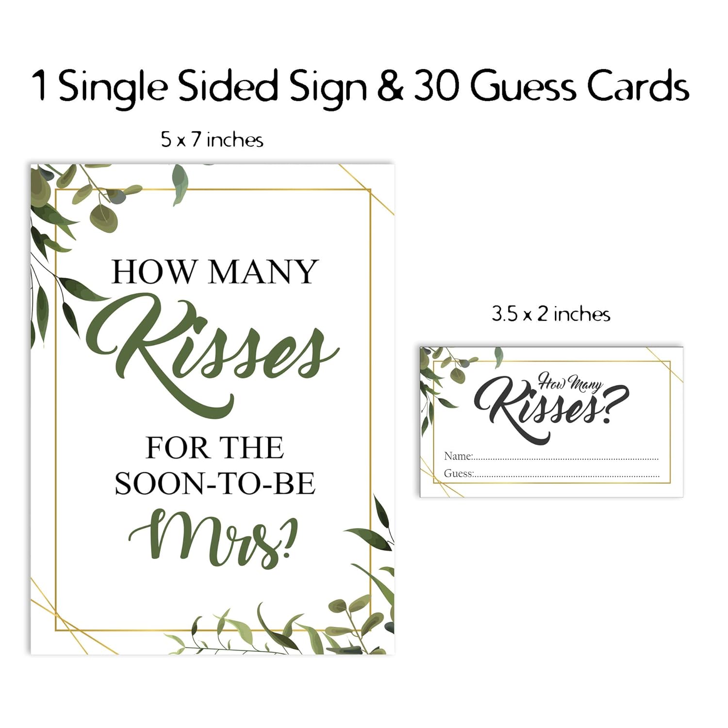 How Many Kisses For The Soon To Be Mrs Greenery White Bridal Shower Game 1 Sign + 30 Cards