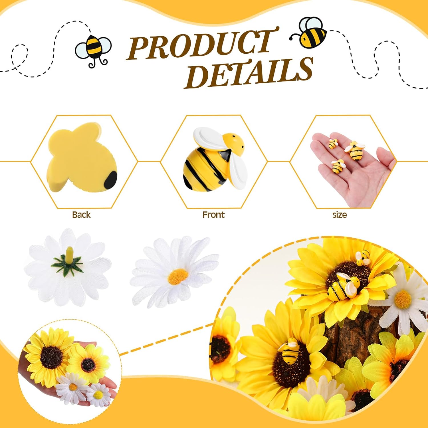 165Pcs Artificial Sunflower Heads Tiny Bees Craft Decoration 2.8"And 3.9" Sunflower Fabric, 1.6" And 2.4" Mini Fabric Daisy Flower Heads Bulk For Summer Art Diy Craft Home Beehive Party Wedding