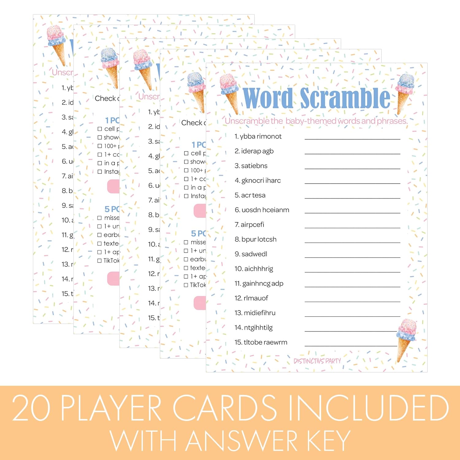 What'S The Scoop Gender Reveal Party 2 Game Bundle - What'S On Your Phone And Word Scramble - 20 Dual Sided Cards, Here'S The Scoop Ice Cream Baby Shower