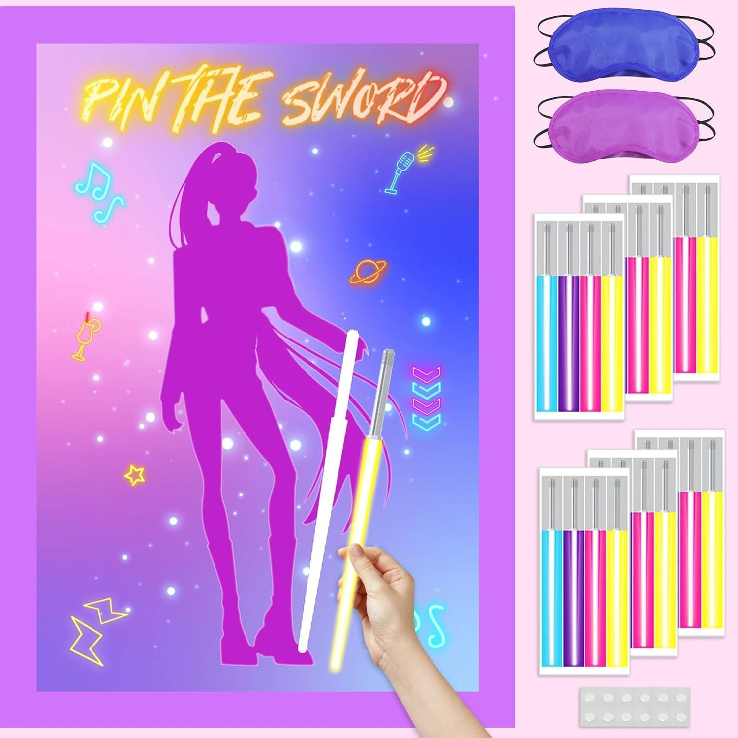 Kpop Movie Hunters Decorations Pin The Sword Birthday Party Games Decorations, Magic Music Themed Poster With 24 Reusable Sword Stickers For Party Supplies Favors- 19.5Inch X27.5Inch