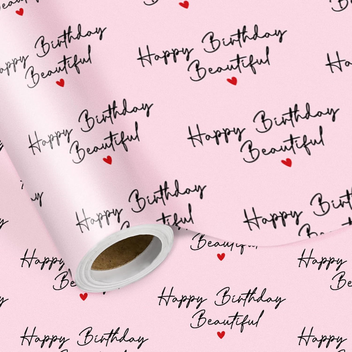 Happy Birthday Wrapping Paper Roll For Her – Pink Gift Wrap With “Happy Birthday Beautiful” Script & Heart Design, Perfect For Women, Wife, Girlfriend, Girls, Mini Roll 17 In X 16.4 Ft