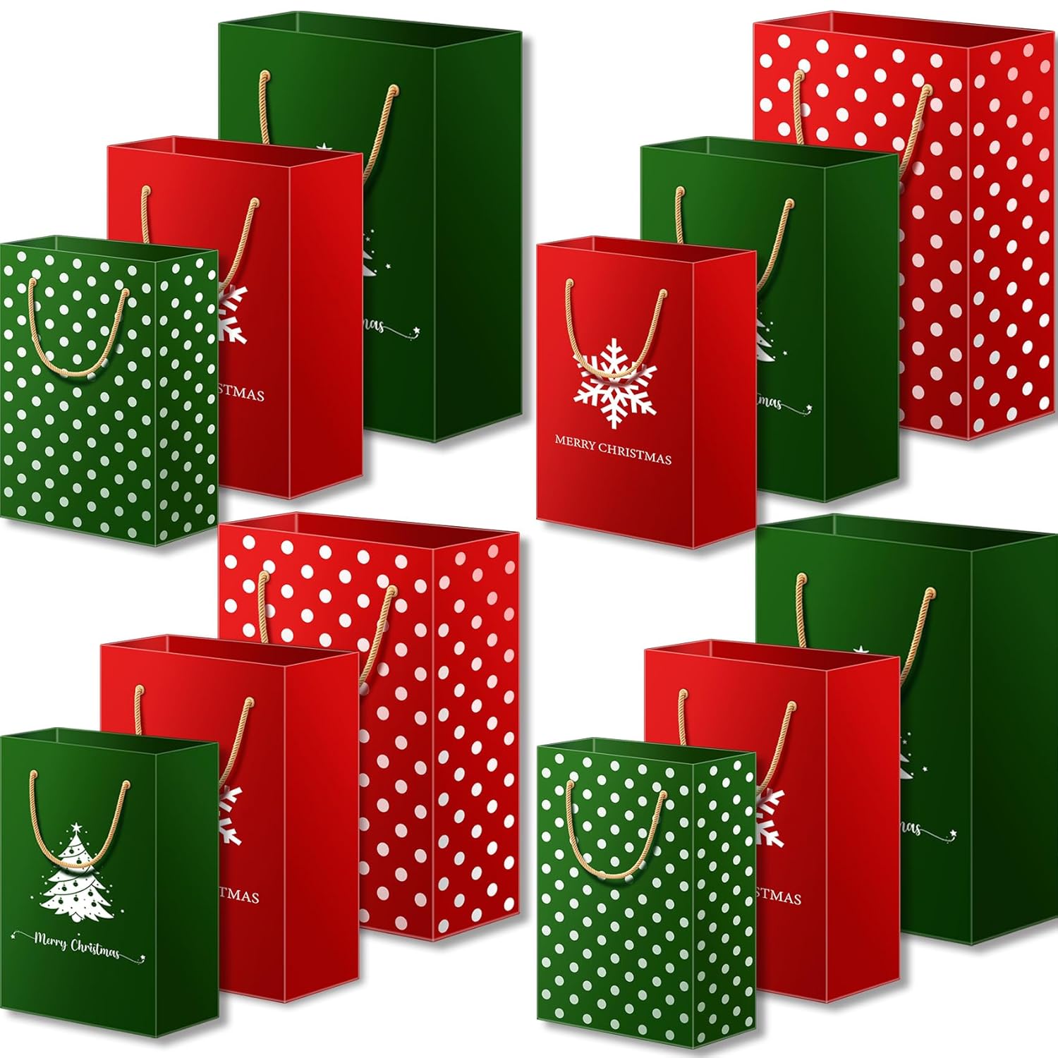 Christmas Gift Bags Assorted Sizes Red And Green Style Evergreen Tree Christmas Plaid For Xmas And Christmas Snowflakes With Handle Holiday Gift Bags(12 Bags: 4 Large 16", 4 Medium 13", 4 Small 8")