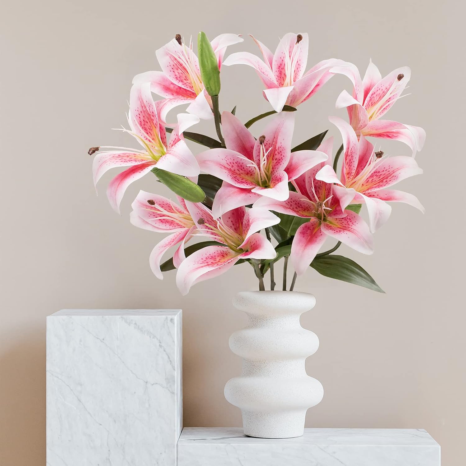 12 Artifical Lily Flowers With 9 Heads Full Bloom Lily & 3 Buds, Long Stem Artificial Stargazer Lilies, Faux Tiger Bouquets For Home Hotel Flower Arrangement Party Decor