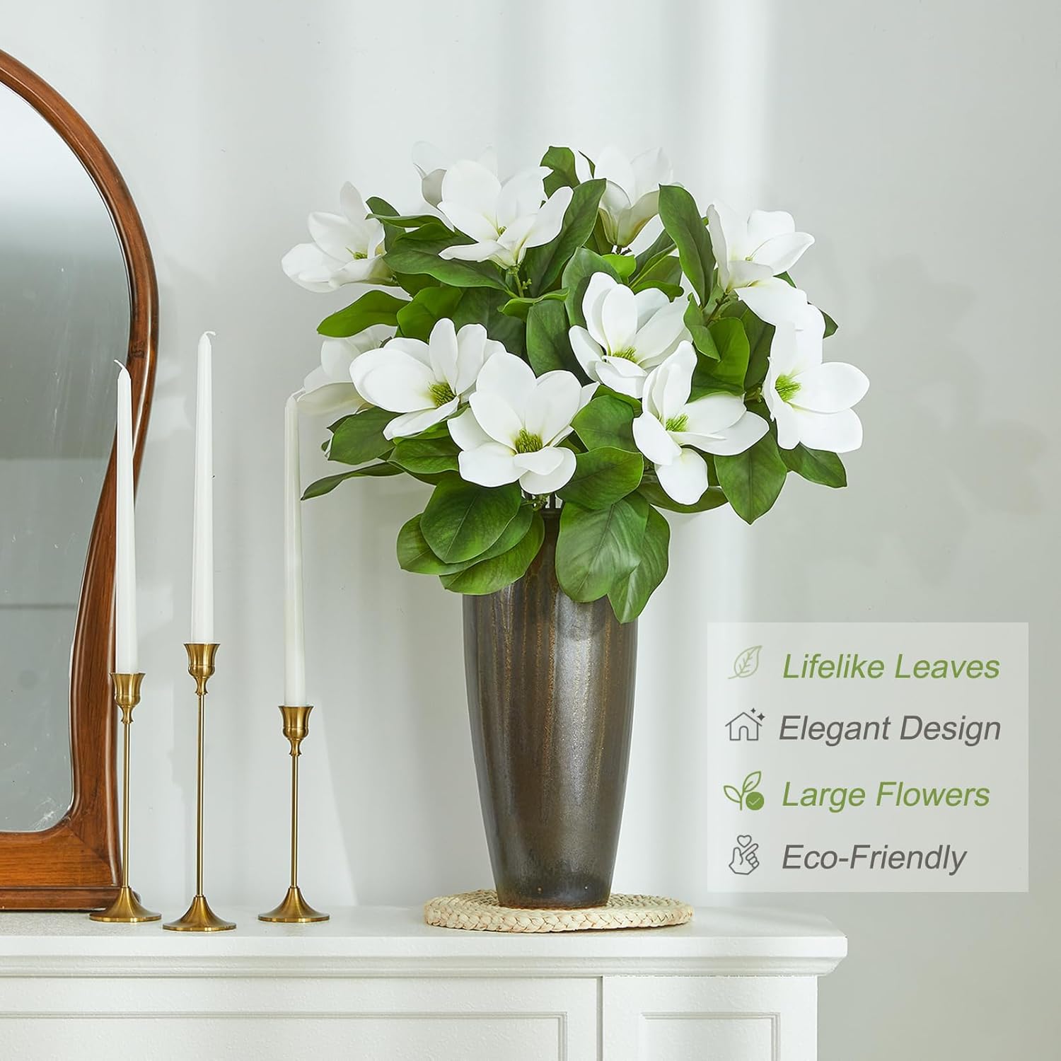 Artificial Magnolia Flowers Branches 28 Inch Faux Greenery Stems With Leaves Real Touch Magnolia Home Decor 3 Pcs White