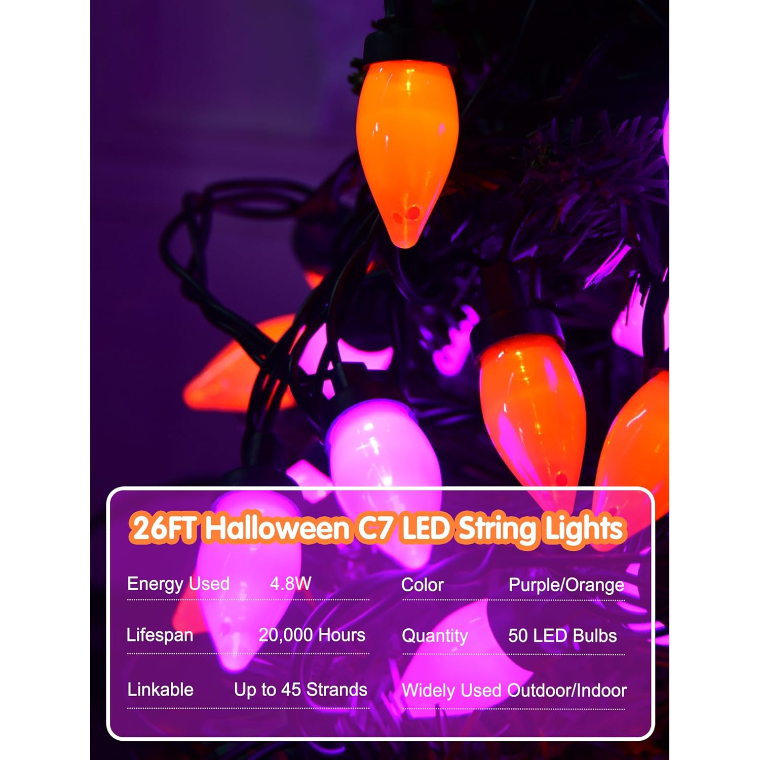 Halloween String Lights Outdoor, 26Ft C7 Purple And Orange String Lights With 50 Led Christmas Ligths For Outdoor Patio