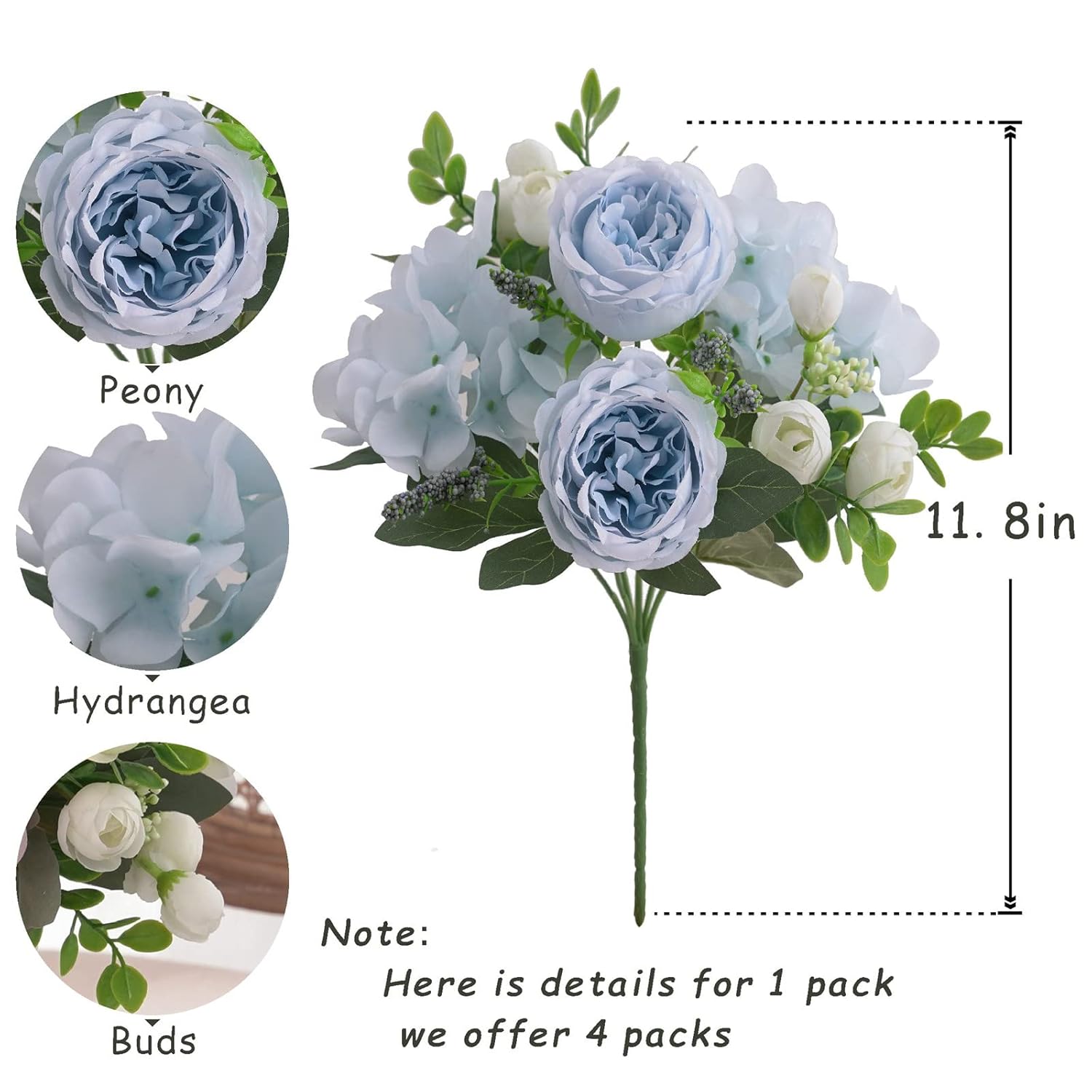 4 Bunches Artificial Flowers For Decoration Blue Peonies Fake Roses Arrangements Table Centerpiece Faux Flores For Wedding Home Vase Decor