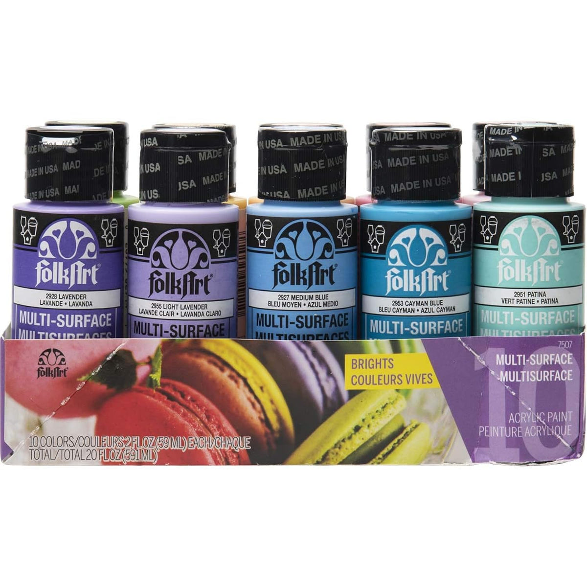 FolkArt Color, 10 Bottle Multi-Surface Acrylic Paint Set, 2oz, Brights