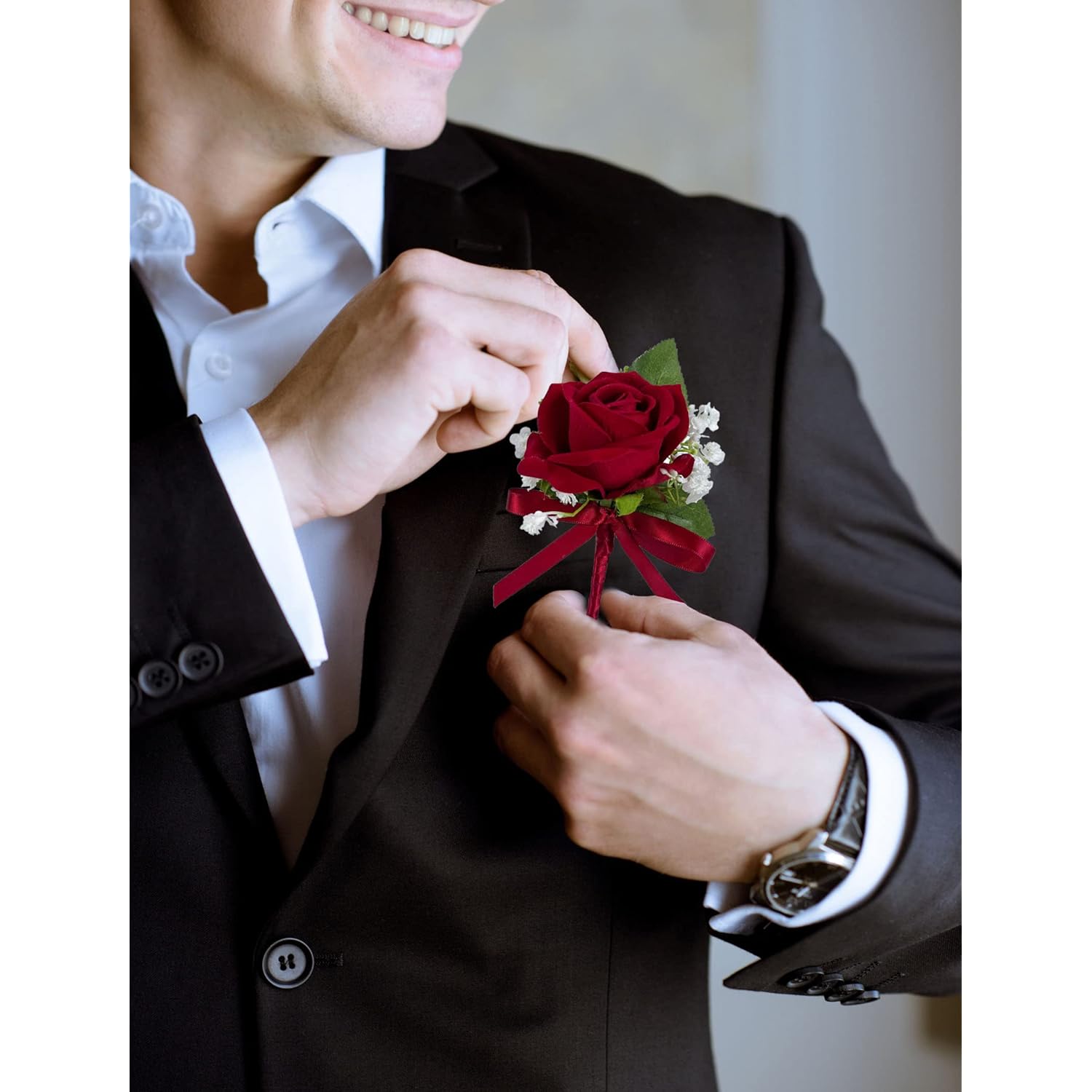 Red Rose Boutonniere For Men Wedding Set Of 6, Groom And Best Man Boutonniere Artificial Flowers For Wedding Ceremony Anniversary, Parties, Proms