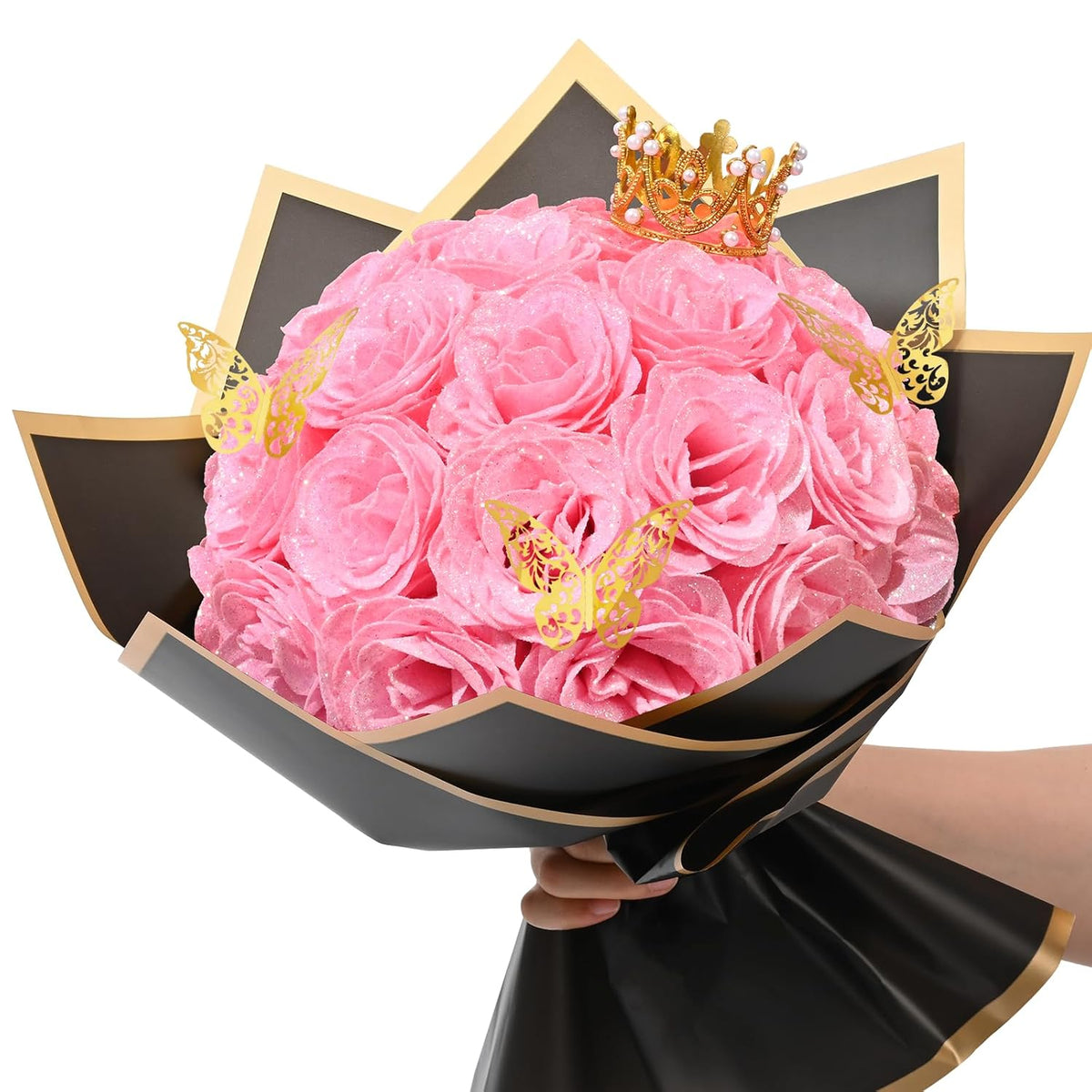 Pink Glitter Roses Bouquet, Diy Fake Flowers Bouquet, Everlasting Shiny Artificial Rose Bouquet For Valentine'S Day, Anniversary, Engagement, Wedding, 24 Roses