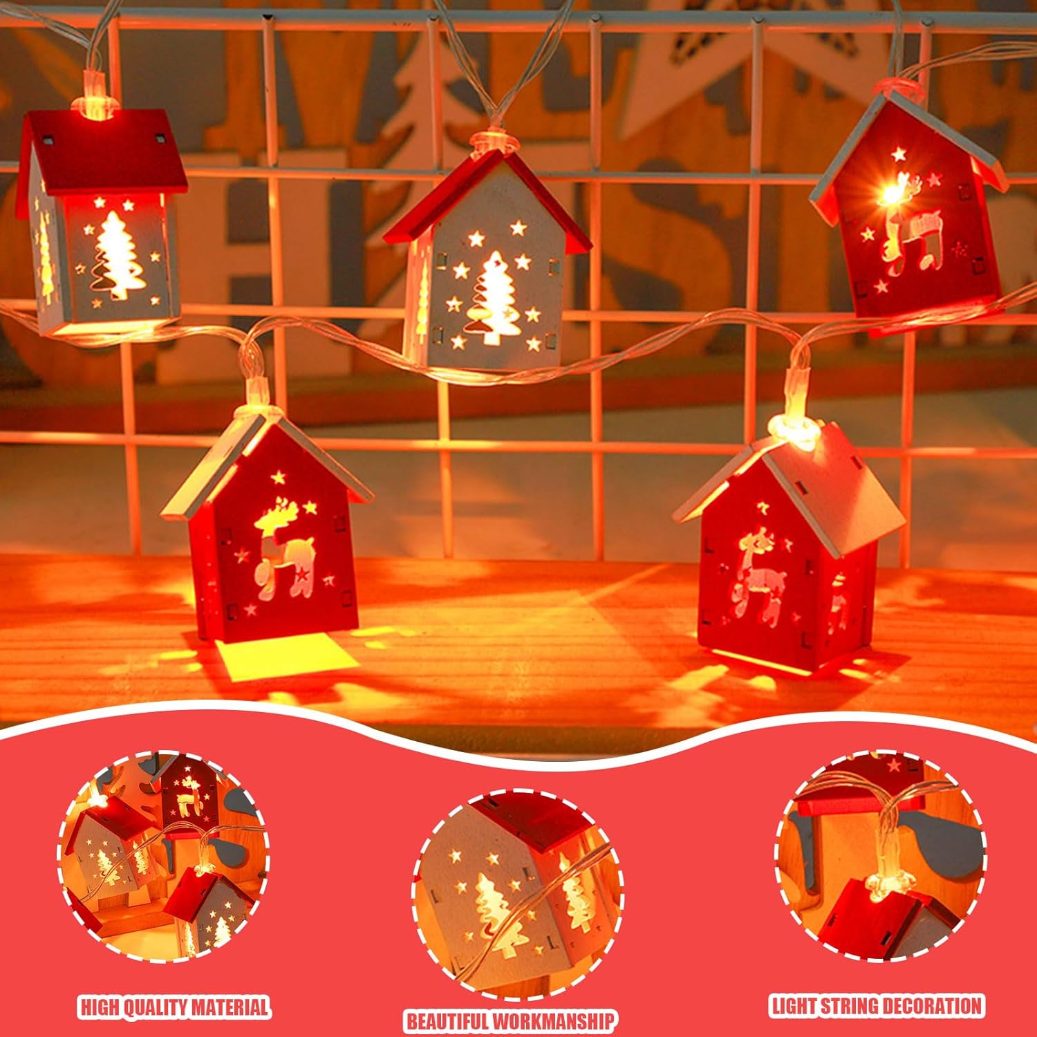 Christmas Lights, 6.56 Ft 10 Led Christmas Wooden House String Lights Battery Operated Xmas Tree Hanging Ornament Lights