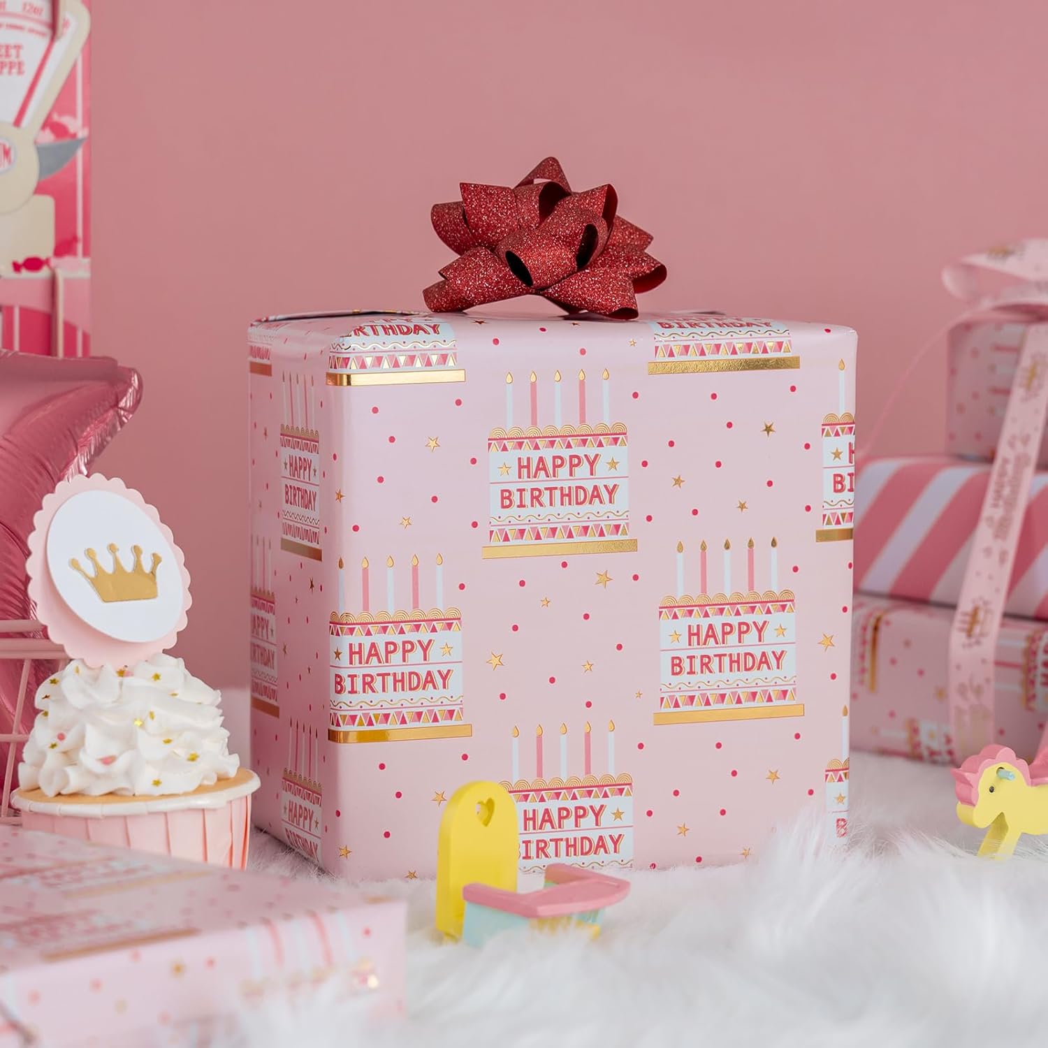 Pink Birthday Wrapping Paper Roll - 17 Inch X 33 Feet - Girly Shiny Metallic Pink Birthday Cake Pattern Reversible Gift Wrap Paper Pastel For Girl Baby Shower Wedding Bridal Shower