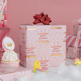 Pink Birthday Wrapping Paper Roll - 17 Inch X 33 Feet - Girly Shiny Metallic Pink Birthday Cake Pattern Reversible Gift Wrap Paper Pastel For Girl Baby Shower Wedding Bridal Shower
