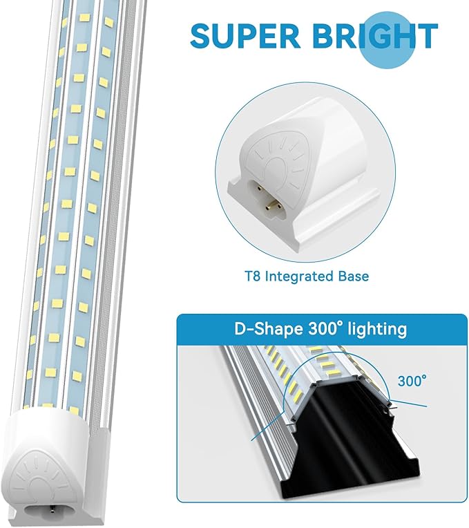4 Pack 4FT LED Shop Lights 48W 7200LM 6000K D Shape Linkable T8 Fixtures for Garage Workshop