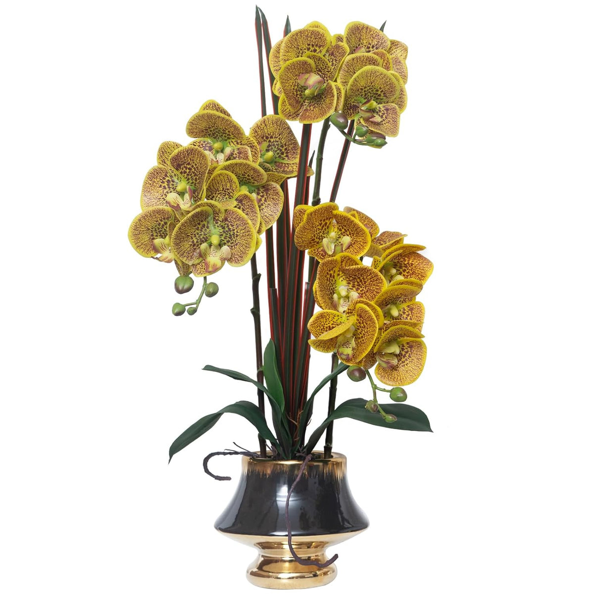 Orchids Artificial Flowers Real Touch Fake Flower In Ceramic Pot 20" Yellow Spots Faux Orchid Plant Lifelike Silk Phalaenopsis For Centerpiece Hotel Home Indoor Decor