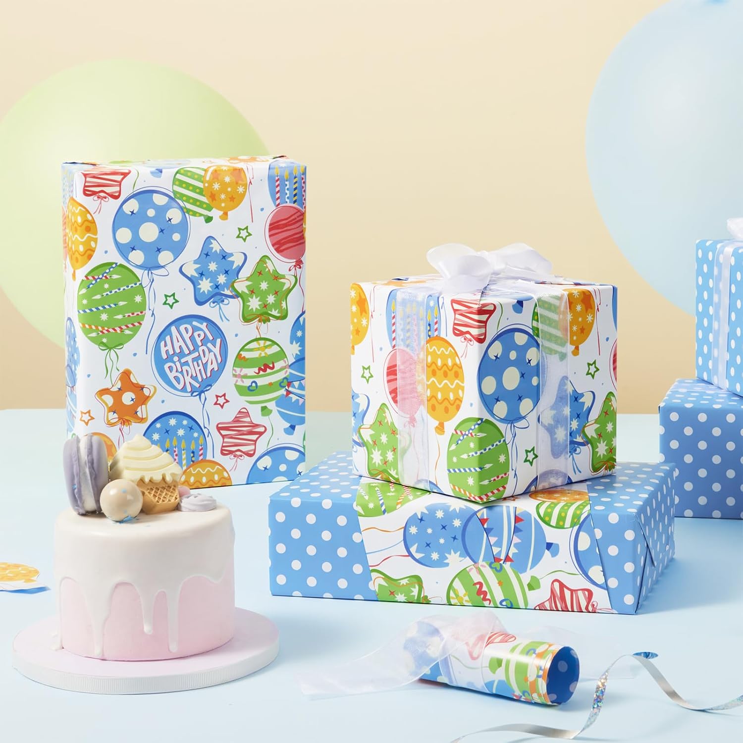 Happy Birthday Balloon Wrapping Paper Roll - 1 Roll 17”X 33 Ft Blue Boy Birthday Gift Wrapping Paper For Baby Boy Shower Wrapping Paper Party Decorative Wrap Supply
