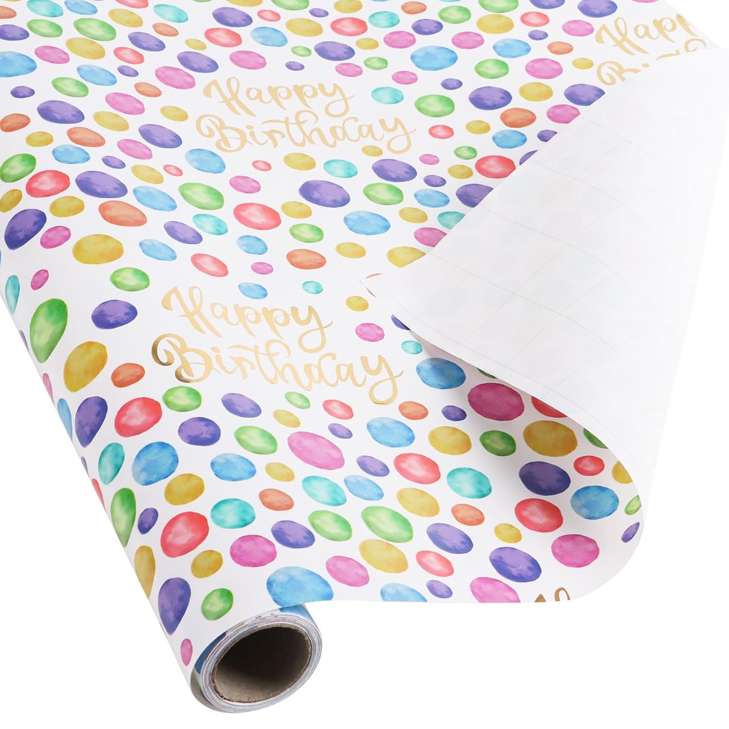 Birthday Wrapping Paper Roll,Colourful Paper With Polka Dot Gold Happy Birthday And Cut Lines On Reverse(17In×33Ft Roll)