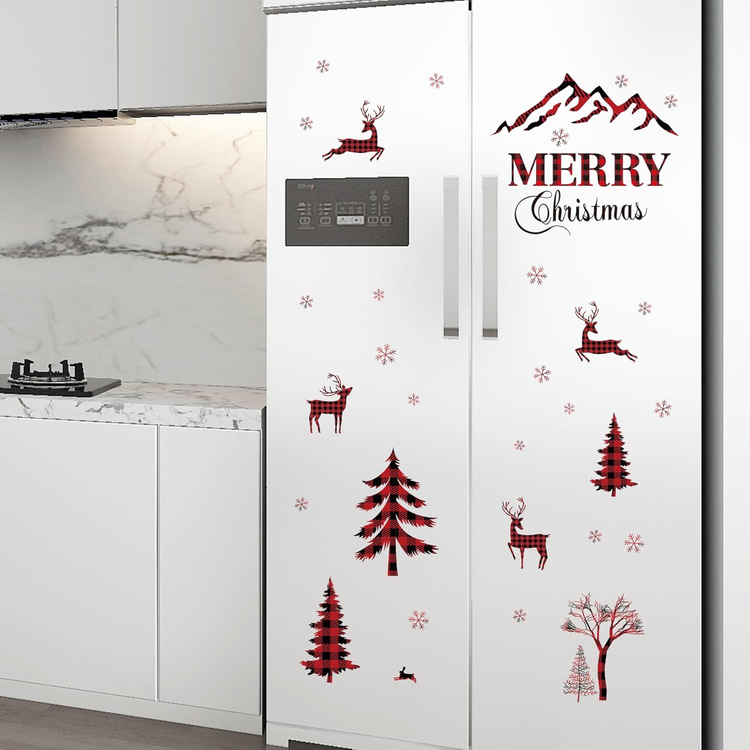 Merry Christmas Wall Decal - Red & Black Buffalo Plaid Tree, Deer Window Clings, Snow Removable Home Decor Mural, Peel And Stick For Christmas Party Supplies
