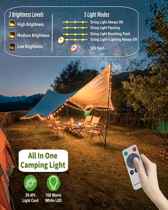 39.4FT Solar Camping String Lights 4 in 1 Waterproof Rechargeable Tent Lantern