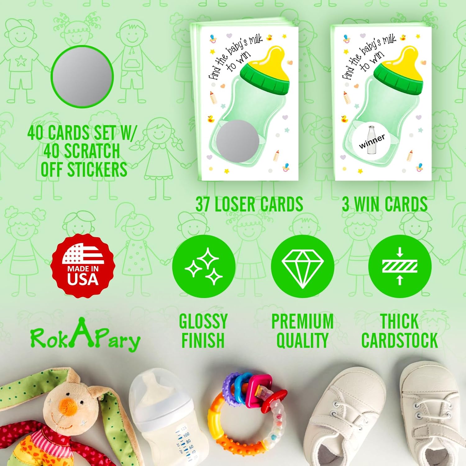 Find The Babys Milk Scratch Off Game, Gender Neutral Baby Shower Easy To Play Silly Games, Gender Reveal Funny Idea, Ice Breaker Activity. Raffle Cards, Green Bottle, Set Of 40 Cards Made In Usa