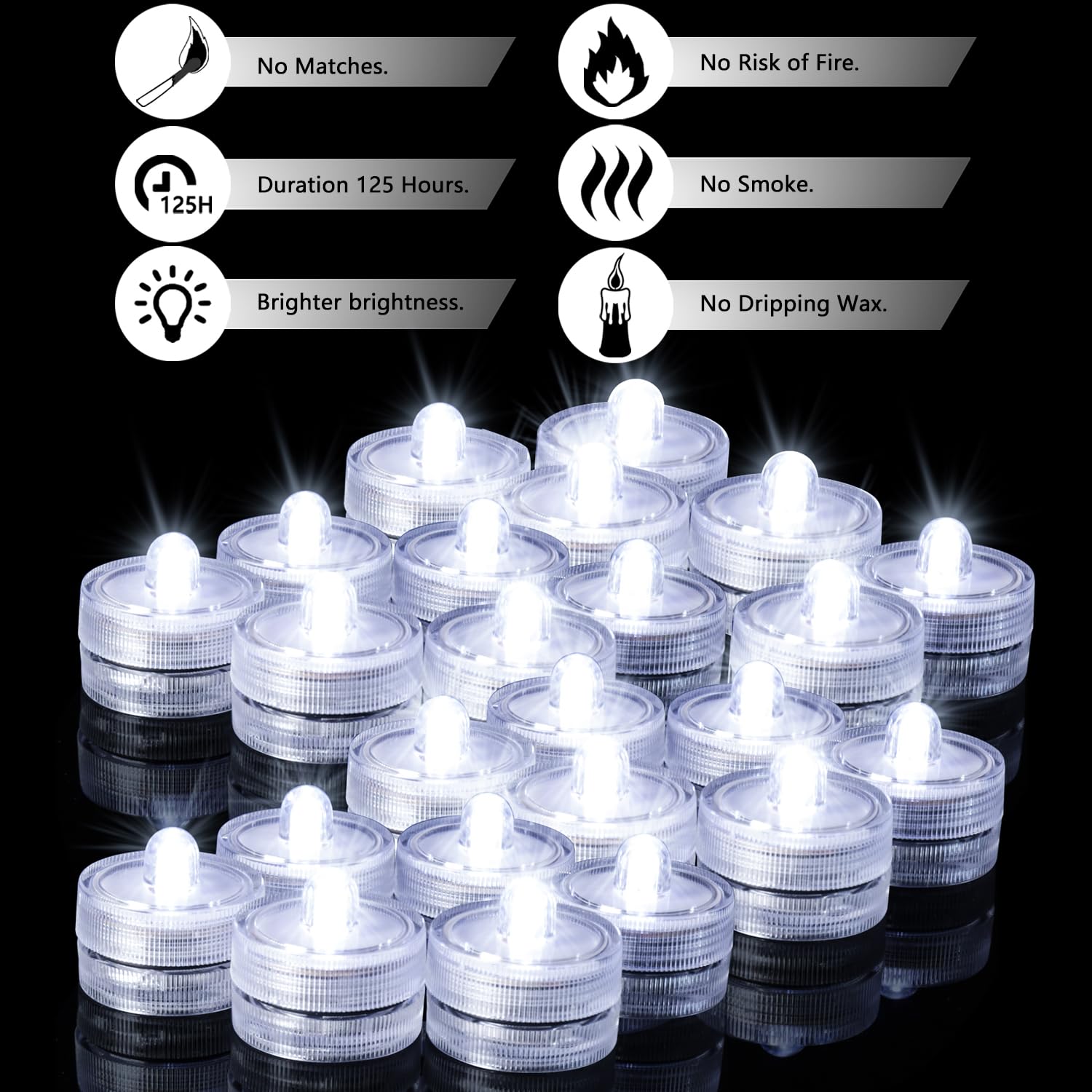 Submersible Led Light, Tea Lights, Pond Underwater Small Led Lights, Battery Operated 125 Hours, For Wedding Home Vase Festival Party Decoration White 24Pcs (Built-In 48 Batteries)