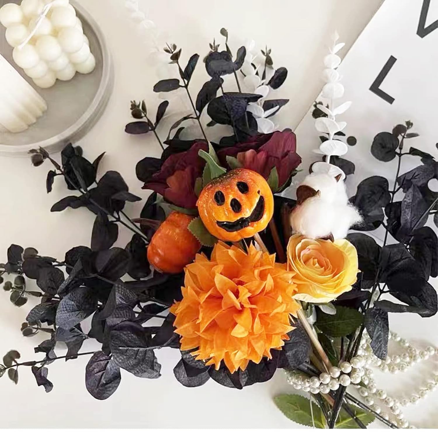 Black Eucalyptus Stems Leaves Branches Fake Flower Arrangement Farmhouse Home Bathroom Decor 6Pcs (Black)