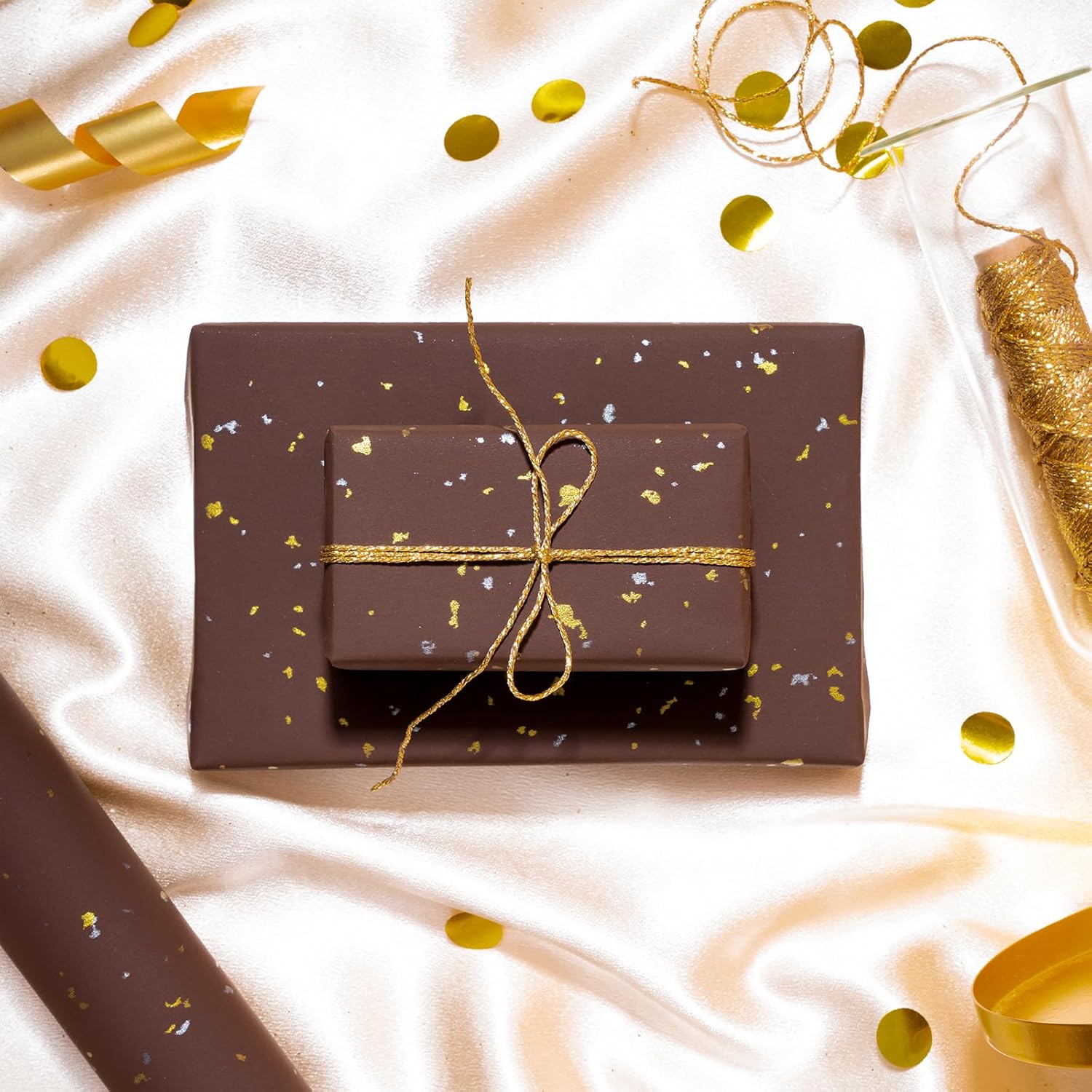 Chocolate Brown Wrapping Paper Roll - Mini Roll - 17 Inch X 16.5 Feet - Chocolate Brown Gold Design With Silky Touch Perfect For Birthday, Holiday, Wedding, Baby Shower
