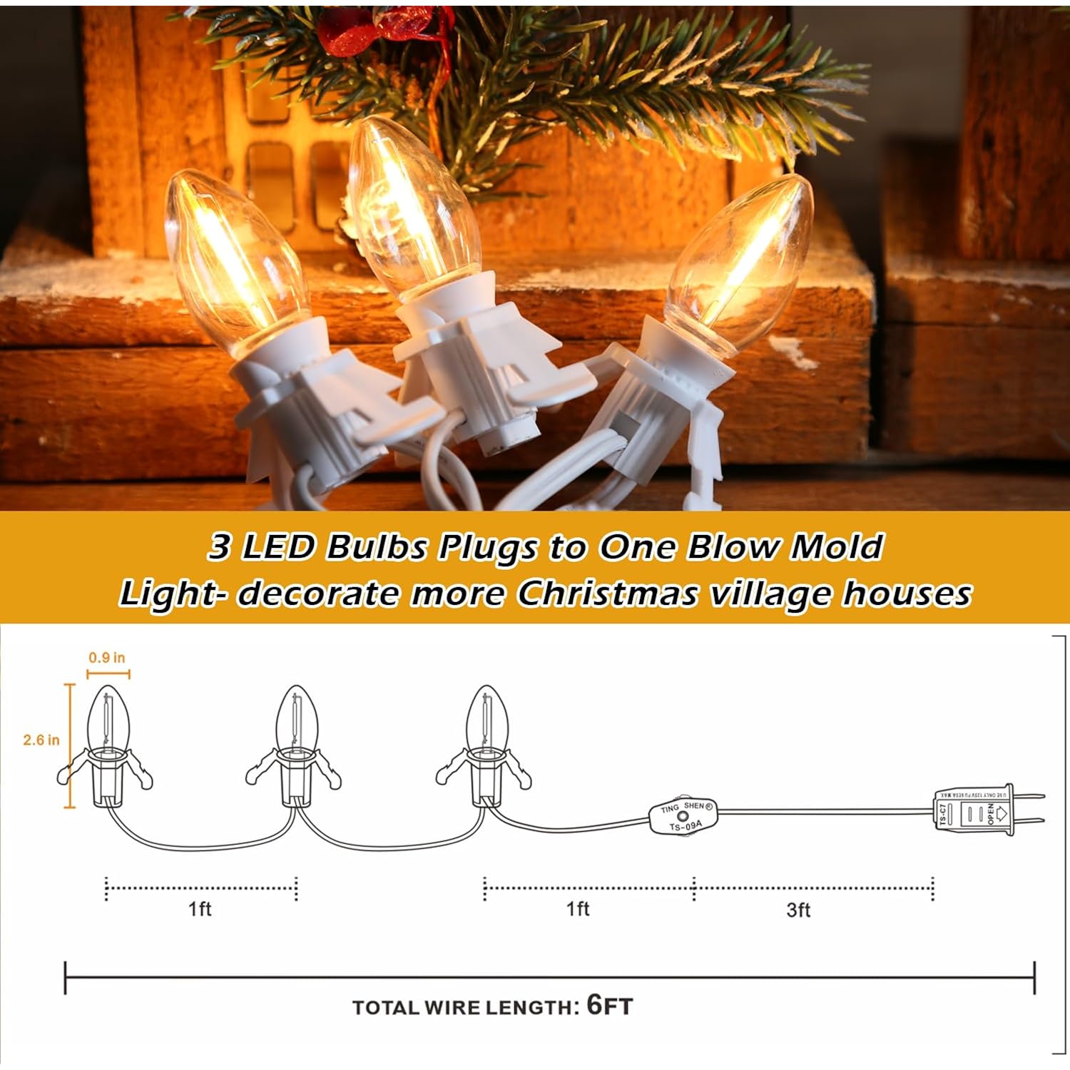 3 Base C7 String Bulbs Christmas Village Light Accessory Cord With 3 Led Light Bulb Universal Clip White Cord With On/Of