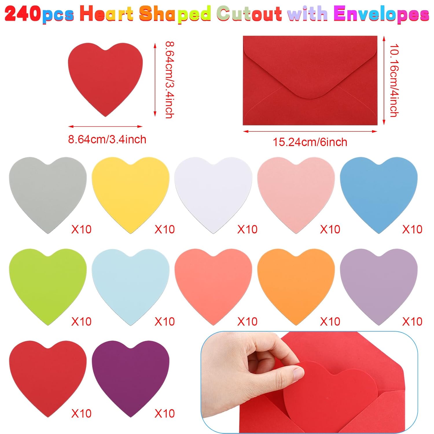 240 Pcs Valentines Day Heart Cards With Envelopes Blank Colorful Heart Shaped Greeting Cards Paper Cutouts For Valentines Party Gift Exchange Anniversary Weddings(Bright Colors)
