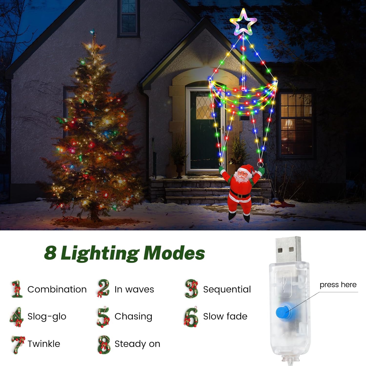 Led Christmas Parachute Lights With Santa Claus, 3.66Ft, 8 Modes Hanging Lights For Indoor Outdoor Porch Roof Eave Balco
