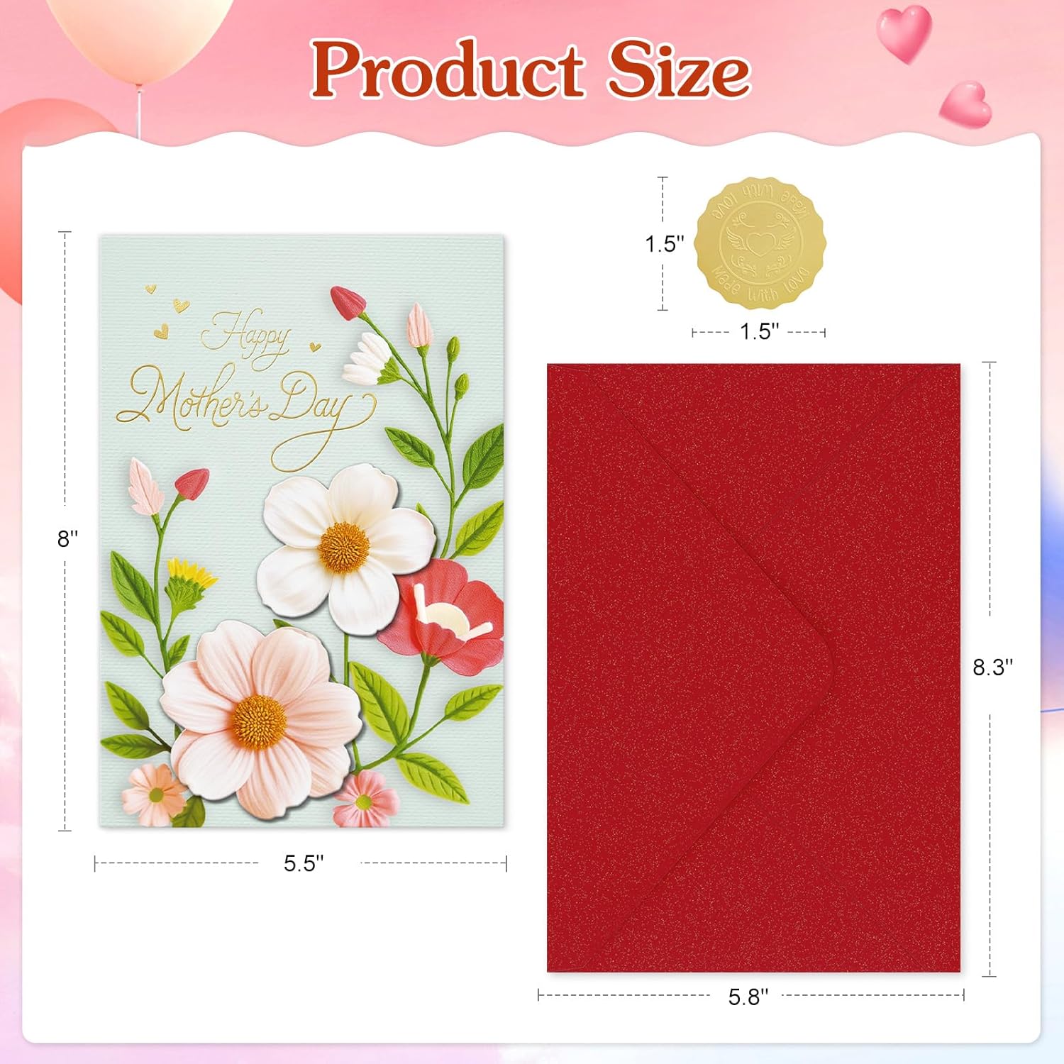 Mothers Day Card With Envelope - 5.5"X8" 3D Flower Golden Foil Design Happy Mothers Day Card Prefect Gifts For New Moms Grandma Wife Sister