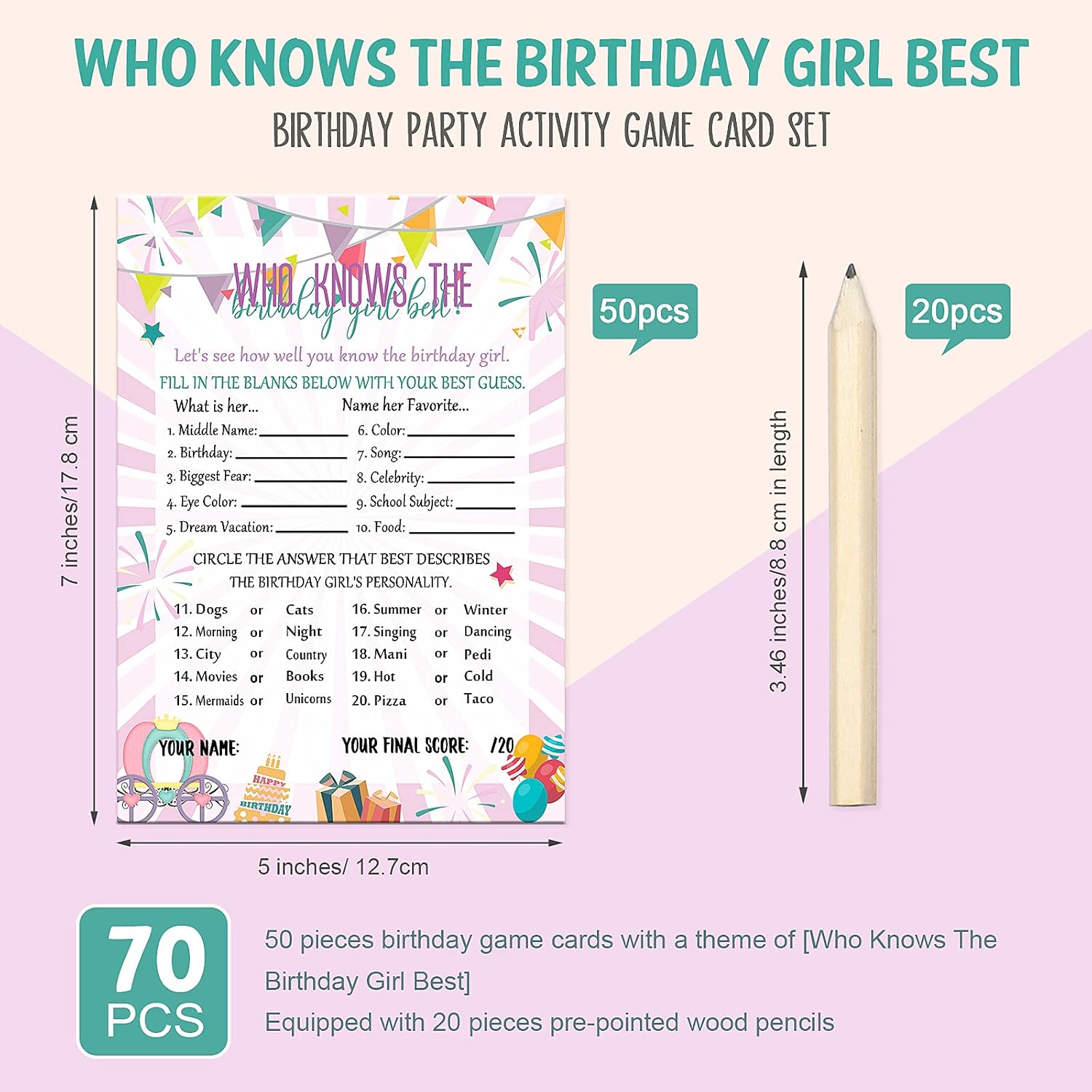 Who Knows The Birthday Girl Best, 50 Pieces Birthday Party Activity Game Card Set Girly Pink Sprinkles Themed Game Card With 20 Pieces Pre-Pointed Wood Pencils For Teen Girl Sleepover Slumber Party