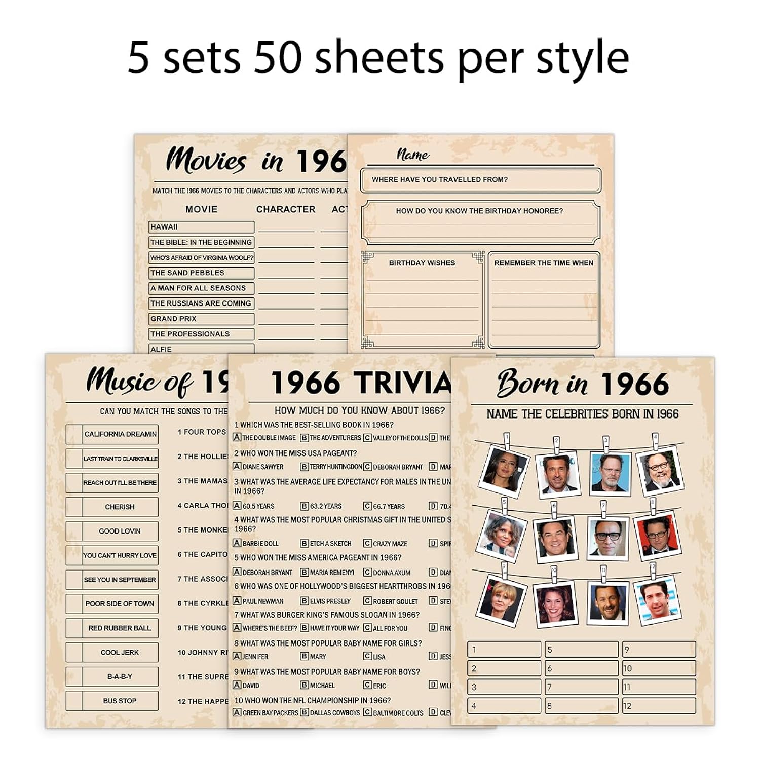 60Th Birthday Party Games, Born In 1966 Games Bundle, Set Of 5 Activities For 10 Guests, Birthday Party Supplies For Adults, Pack Of 50 Cards