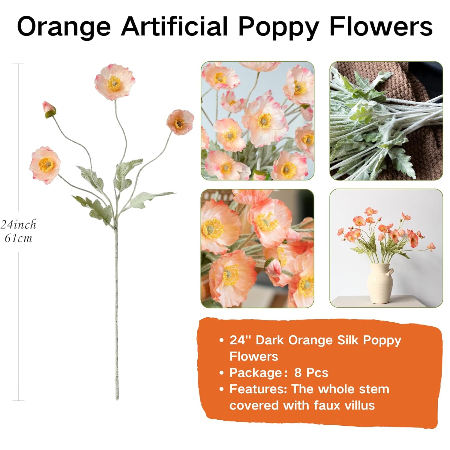Artificial Flowers 8 Stems Poppy Silk Bouquet,Fake Pooppies Flowers For Wedding, Home, Party Decoration,Table Centerpiece Arrangement(Coral Pink, 8Pcs)